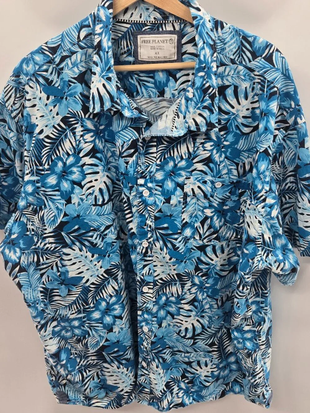 Free Planet Blue Tropical 100% Cotton Aloha Button Down Shirt Size 4x